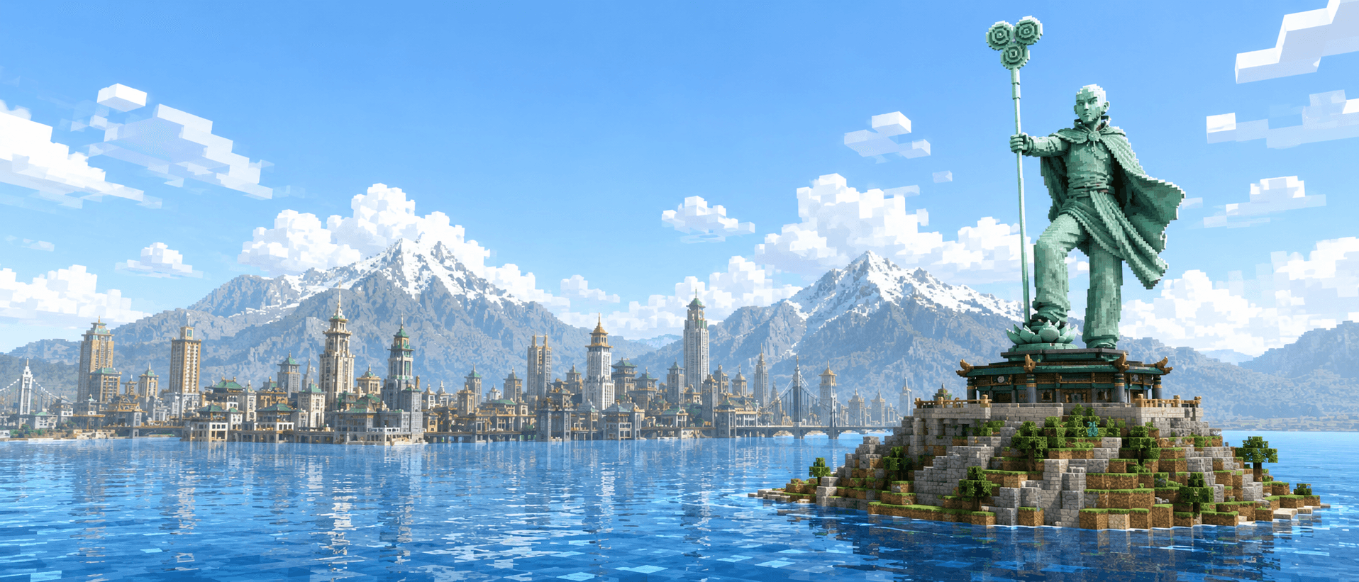 A Minecraft-style statue overlooking Republic City and the bay.
