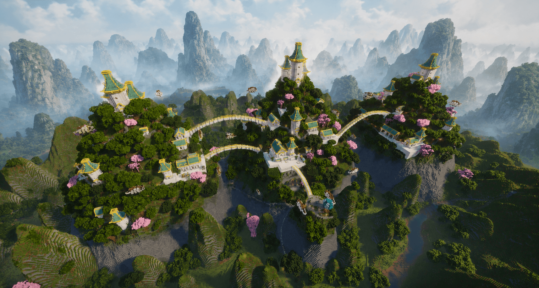 A Minecraft-style Eastern Air Temple built across bright mountain peaks.