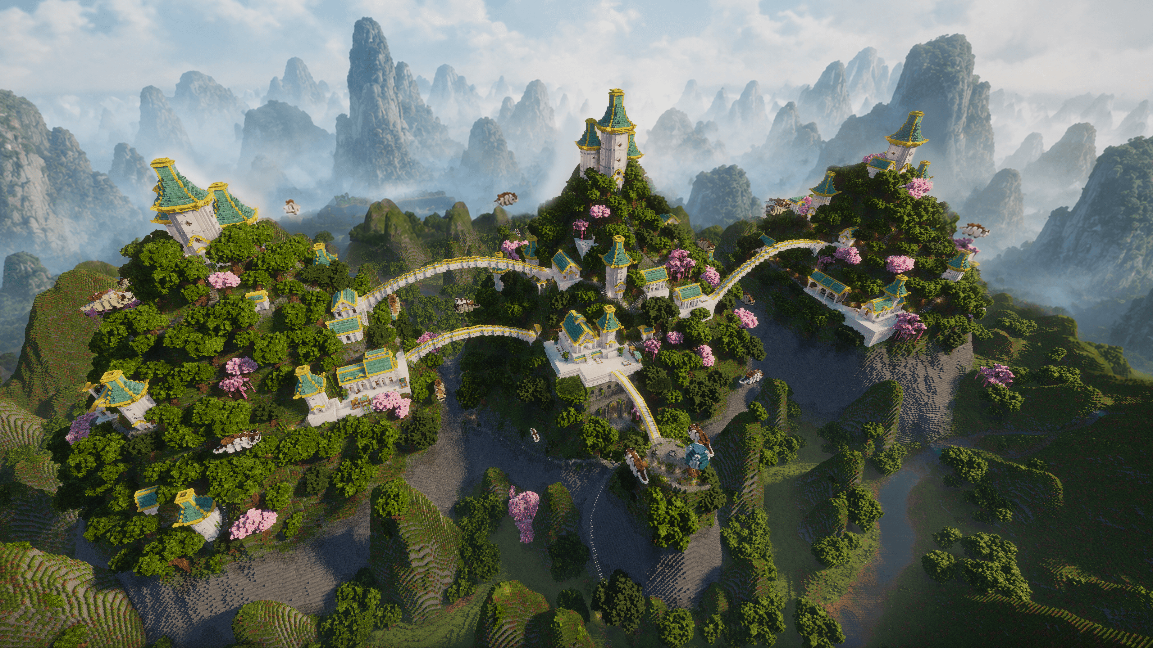 A Minecraft-style Eastern Air Temple built across bright mountain peaks.